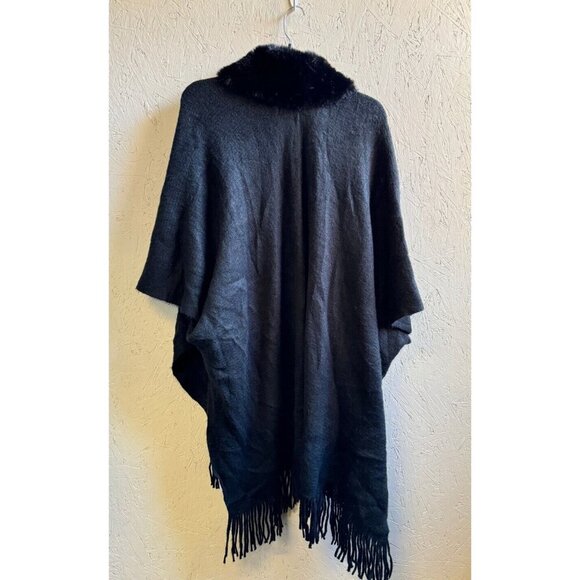 INC Inter. Concepts faux-fur trim fringe open front ruana poncho topper - Black - Picture 5 of 7